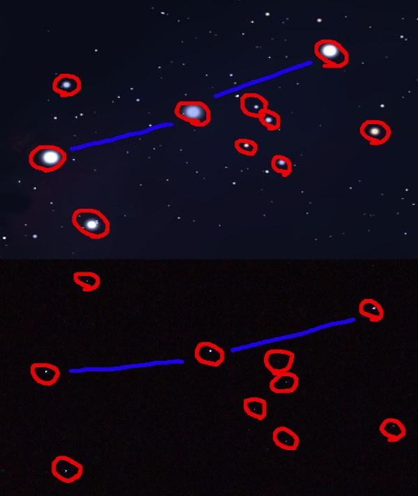 [Two images are spliced together with one above the other. Blue lines are between the three brightest stars on both images. There are ten red circles around white dots in both the upper and lower images. The upper image has many additional white dots visible. In addition, the main stars of the upper image are much larger in diameter. ]